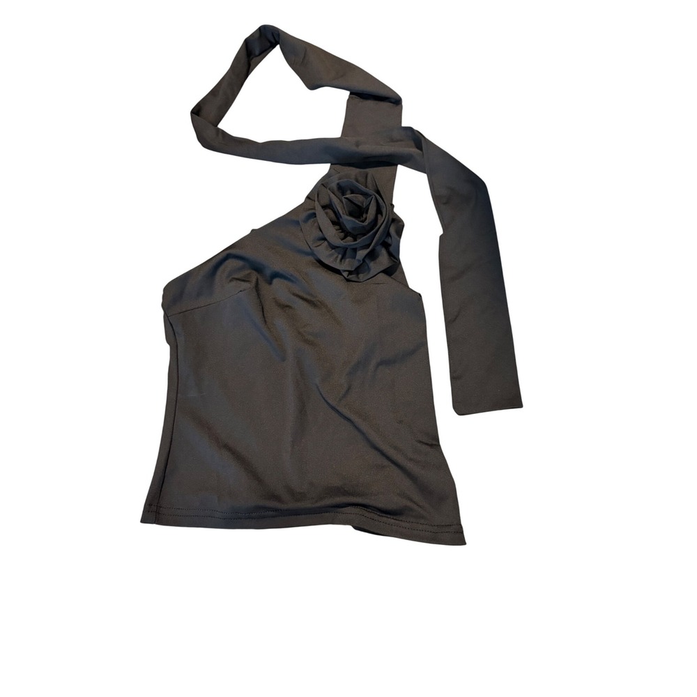 Commense Black Halter Top with Removable Rose Pin Wrap Neck Sleeveless Small